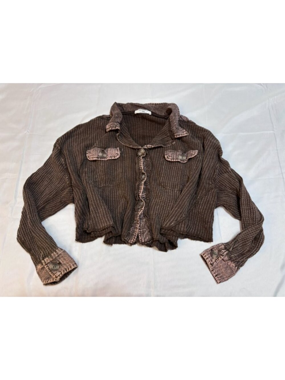 Zenana Brown Acid Wash Waffle Knit Cropped Button-Front Top S/M – NWOT